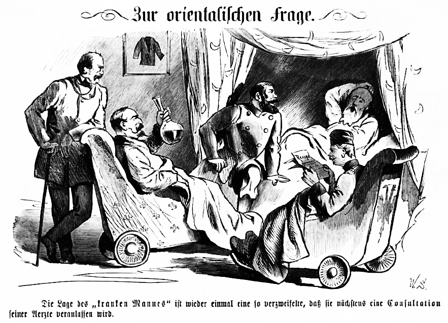 Diese historische Karikatur aus dem 19. Jahrhundert trägt den Titel "Zur orientalischen Frage" und thematisiert die politische Schwäche des Osmanischen Reiches, das hier als "kranker Mann am Bosporus" dargestellt wird. Im Zentrum der Szene liegt ein Mann – symbolisch für das Osmanische Reich – entkräftet auf einem Krankenlager. Um ihn herum versammeln sich vier Männer, die als Ärzte die europäischen Großmächte verkörpern: Russland, Großbritannien, Frankreich und Preußen. Jeder von ihnen scheint sich um den "Patienten" zu kümmern. Die Bildunterschrift unterstreicht die Dramatik der Lage: "Die Lage des 'kranken Mannes' ist wieder einmal eine so verzweifelte, dass sie nächstens eine Konsultation seiner Ärzte veranlassen wird." Damit wird die Sorge der europäischen Staaten um die Zukunft des Reiches ironisch kommentiert – weniger aus Mitgefühl, als vielmehr aus strategischem Kalkül.